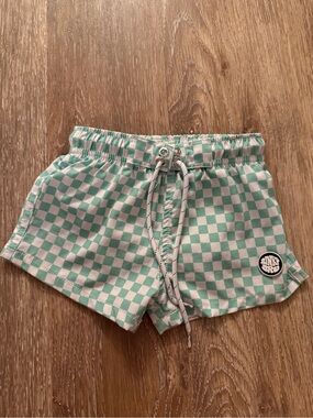 Mint Checkerboard Kids Swim Trunks with Drawstring - Binky Bro